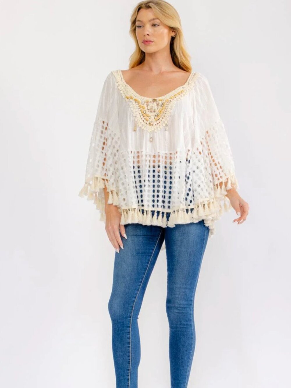 WOMEN'S LONG SLEEVE TASSEL TRIM BEAUTIFUL CROCHET TUNIC TOP